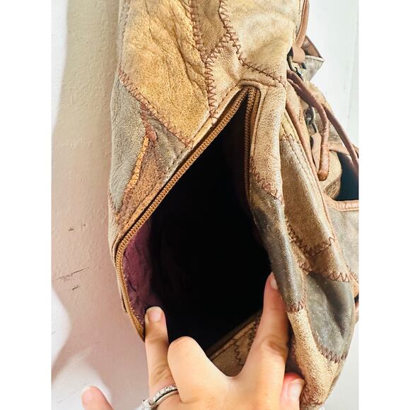 Vintage 1980s/90s Brown Leather Patchwork Clip Front Drawstring Backpack Bag - Picture 5 of 16